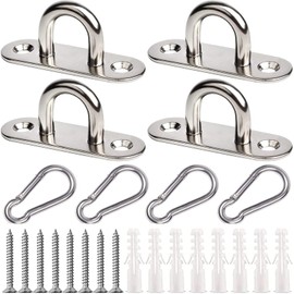 EGGMARCH 4 Set M6 Pad Eye Plate and Carabiner Clips, Stainless Steel Oblong Eye Plate Metal Staple Ring Hook Suspension Ceiling Hooks with Screws and Plastic Plugs for Training Straps,Shade Sails
