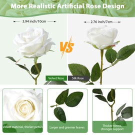 Fanfantoey White Roses Artificial Flowers Bulk, 32Pcs Fake Roses Artificial Velvet Roses with Stems, DIY Silk Flowers Roses Bouquet, Realistic Faux Artificial Roses for Mother's Day Home Table Decor