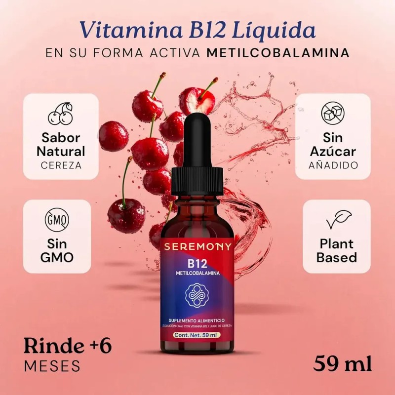 Vitamina B12 Líquida SEREMONY Metilcobalamina Sublingual de Cereza Orgánica Sin