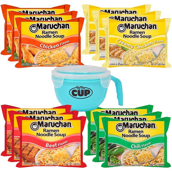 Maruchan Ramen Variety 4 flavors, Pack of 12 + By The Cup Microwavable Soup Bowl