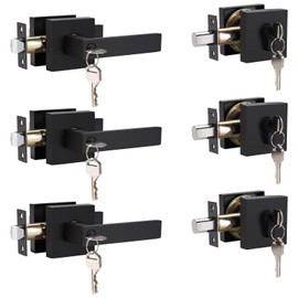Brotima 3 Pack Flat Black Square Entry Levers Locksets and Double Cylinder Deadbolts Combination Set, Heavy Duty Front Door Office Entrance Levers, Keyed Alike(All Same Keys)
