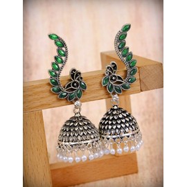 Crunchy Fashion Bollywood Jewellery Traditional Ethnic Bridal Bride Wedding Bridesmaid Indian Oxidised German Silver Meenakari Beautiful Green Peacock Design Jhumka Earring Jewelry For Women