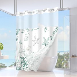 TWLSNCD No Hook Nautical Coastal Shower Curtain with Snap in Liner Set, Ocean Summer Beach Seashell Design, Hotel Quality Bathroom Decor, with See Through Mesh Top Window, Green Extra Long 71" x 84"
