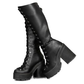 Atsroel Platform Knee High Boots For Woman Round Toe Punk Goth Boots Black Lace Up Boots Rave Chunky Heel Boots Gothic Wide Calf Boots