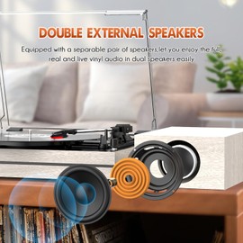 Record Player for Vinyl with External Speakers Belt-Drive Retro Turntables for Vinyl Records Dual Stereo Speakers LP Vinyl Players 3 Speed Wireless AUX-in Headphone Auto Stop Classic White