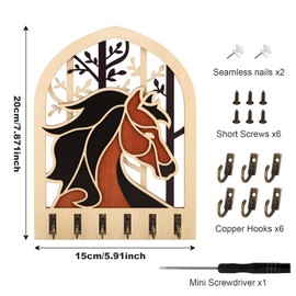 DRMFLE DIY Wooden Key Holder, Key Hooks with 6 Hooks Wall Mounted, Black Brown Horse-Shaped Key Hangers for Living Room, Kitchen, Office