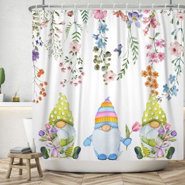 Arrebolart Colorful Spring Gnomes Fabric Shower Curtain Light Blue Pink Flower with Green Leaves Bathroom Decor Farmhouse Botanical Plant Set for Waterproof Hooks, 72Wx72L