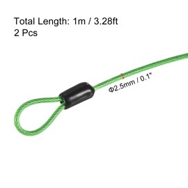 PATIKIL Security Steel Cable 2.5mm x 1m/3.28ft Coated Luggage Lock Wire Rope with Double Loop Green 2 Pack