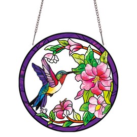PLIGREAT Hummingbird Stained Acrylic Suncatcher Floral Patio Garden Hanging Ornaments for Living Room Bedroom Window Wall Decor Memorial Gift