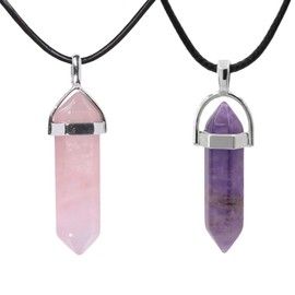 Set of 2 obelisk gemstone necklace, pendant, crystal necklace, amethyst, rose quartz, natural stone, crystals healing crystal, gemstone necklace, hexagonal crystal pendant with chains