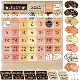 Sinload Classroom Calendar Pocket Chart Set Calendar Bulletin Board Set Seasons Festival Weather Pocket Chart for Classroom Decoration Back to School Supplies (Boho Safari)