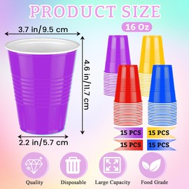 Kochorie 60 Pieces 16 oz Plastic Cups Assorted Colors Disposable Party Cups Drinking Cup Bulk for Party Holiday Birthday Wedding Festive Celebrations