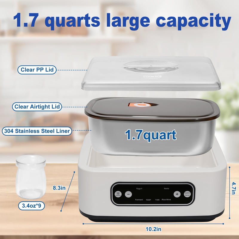 1.7-Quart Yogurt Maker with Adjust Temp(21°C-48°C/70°F-118°F) & Time(1-99h),110V-240V Auto-adaptive,Steel Inner