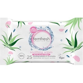 Femfresh Soothing Intimate Wipes, Flushable & Biodegradable Feminine Wipes with Aloe Vera & Calendula, pH Balanced & Hypoallergenic, 25 Count
