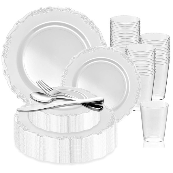 720 Piece Elegant Disposable Plastic Dinnerware Set for 120 Guests - Vintage White Dinner Plates, Dessert Salad Plates, Silverware Set & Party Cups For Wedding, Birthday Parties, Plastic Plate Set