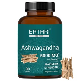ERTHRI Ashwagandha Tablets 5000mg (90 Count), Ashwagandha Ayurvedic Supplement for Men & Women, Vegan & No Added Preservative & Paraben- 90 Count (Pack of 1)