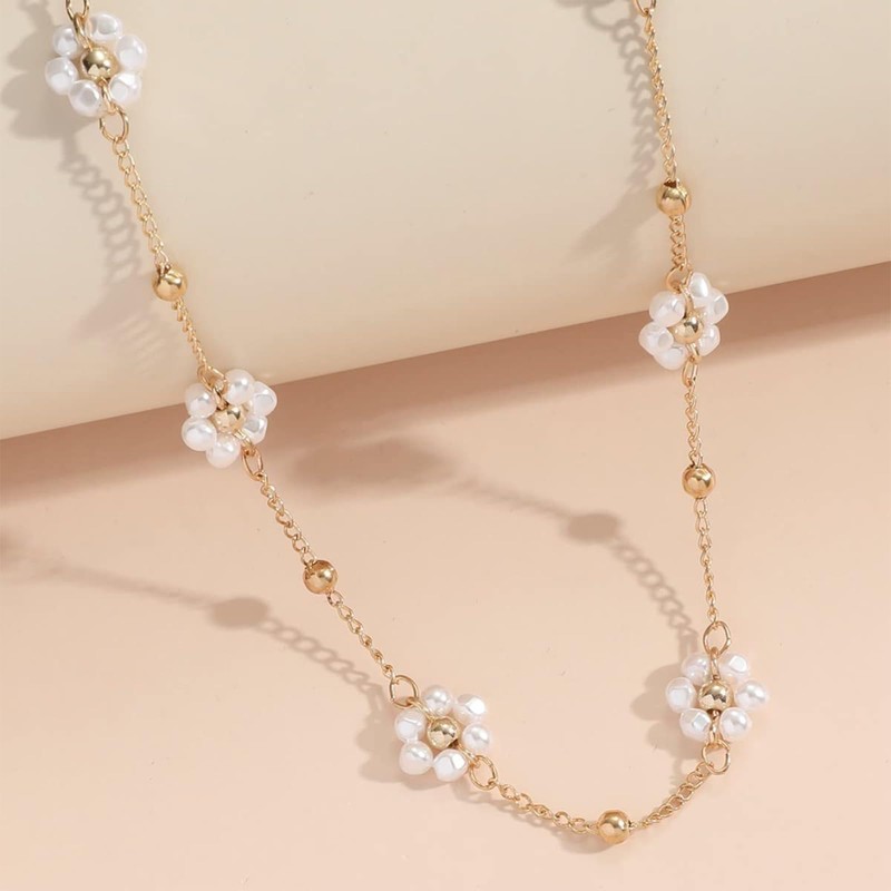 Mrltau 1 x Handmade Pearl Necklace with Flower, Pearl Chain