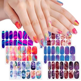 SILPECWEE 6 Sheets Starry Nail Polish Stickers Full Nail Wraps for Women Self Adhesive Nail Polish Strips Iridescent Nail Strips Stick on Fingernail Manicure Sticker with Nail File