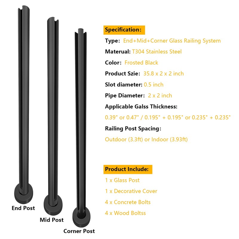 VoTwoofv Round Glass Railing 35.8",304 Stainless Steel Glass Balustrade Post
