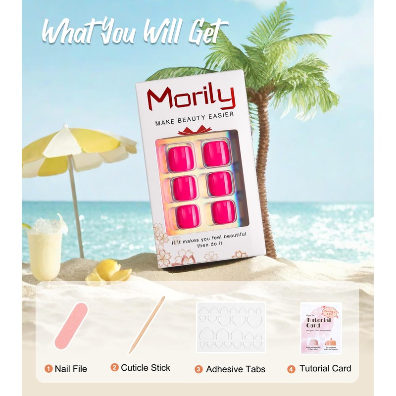Morily Hot Pink Press on Toenails Short Square Fake Toenails