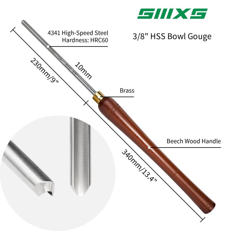 SIIIXS 3/8" HSS Bowl Gouge with Side Grind(1/4" Flute), Wood