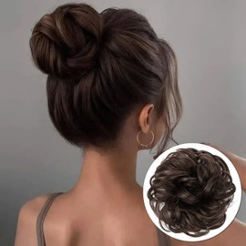 PHOCAS Messy Hair Buns Hair Piece Curly Bun Hair Pieces for Updos Synthetic Wavy Curly Chignon Ponytail Hair Extensions for Daily Wedding Use(Dark Brown)