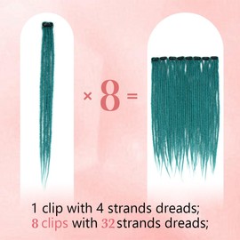 Quisduis 16 Inch Clip in Dreadlocks Hair Extensions, 8PCS 32 Strands Pine Green Synthetic Dreas Extensions Handmade Soft Thin Dreadlocks for Women