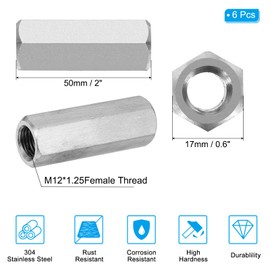 PATIKIL M12 x 1.25-Pitch 304 Stainless Steel Hex Coupling Nuts, 6Pcs 50mm/ 2" Length Fully Threaded Rod Coupling Nut Studding Connector Fasteners, Silver Tone