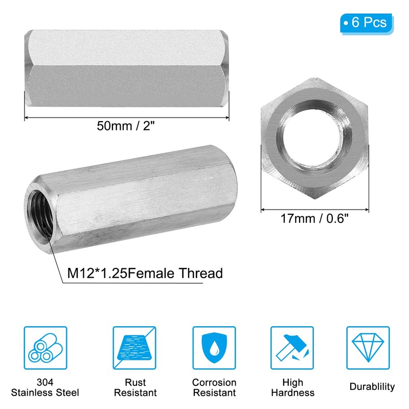 PATIKIL M12 x 1.25-Pitch 304 Stainless Steel Hex Coupling Nuts,
