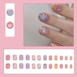 Short Press on Nails Square Fake NailsAcrylic Nails Press ons Full Cover False Nails with Butterfly Rhinestone Designs Acrylic Glitter Nails Glossy Glue on Nails Stick on Nails for Women