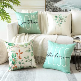 JOTOM Set of 4 Throw Pillow Covers Eucalyptus Leaves Summer Spring Decorative Square Cushion Covers Sofa Car Home Sweet Home Pillowcases for Outdoor Home Bedroom Couch Decor 45x45 cm (HOME Green)