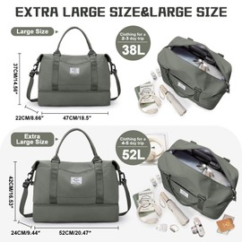 Large Travel Bag, Women's Hand Luggage Bag, Sports Bag, Weekender Bag, Swimming Bag, Waterproof Travel Bag, Duffle Bag, Fitness Bag, Training Bag, Hospital Bag with Shoe Compartment, N2 Green