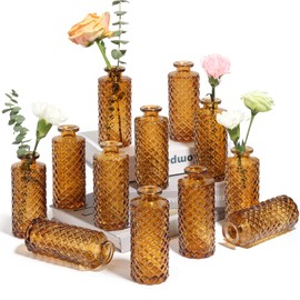 ComSaf Glass Bud Vases Set of 12, Small Diamond Bud Vases in Bulk, Mini Flowers Vases for Centerpieces, Vintage Bottle for Table Decorations, Wedding Decor, Recepetion, Home, (Amber)