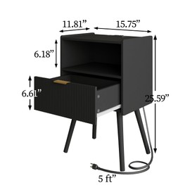 Veegle Nightstand,Modern Bedside Table with Storage Drawer and Open Wood Shelf, Accent Night Stand with Solid Wood Legs for Living Room, Bedroom and Small Spaces,Easy Assembly (Black-Outlet)