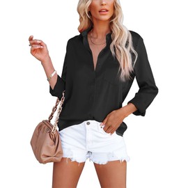 OMSJ Women's Button Down Shirts Satin V Neck Long Sleeve Casual Work Blouse Tops with Pocket (1173XL, Black)