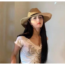 Straw Cowboy Hat for Men Women Wide Brim Sun Hat Cowgirl Panama Hat with Chin Strap Sombrero UV Protection Travel Outdoor Hat, Khaki, One Size