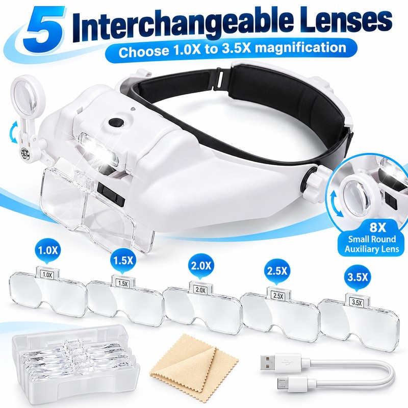 Rechargeable LED Headband Magnifier for Precision Work – Interchangeable Lenses
