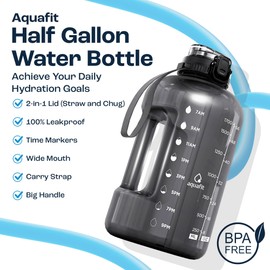AQUAFIT Half Gallon Water Bottle with Time Marker - Straw & Chug Lid - BPA Free Gym Water Bottle with Straw - Big Gallon Jug (Blue, 64 oz - 2in1 Lid)