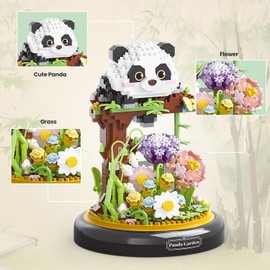 TRavesty Panda Bouquet Building Blocks Kit, Creative DIY Animals Flowers Construction Set Flowers Plants Bouquet with Dust Cover, Animals Bouquet Construction Toy Sets Gifts for Adults Children