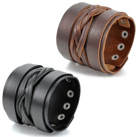 Flongo Pack of 2 Men's Leather Bracelets, Large Wide Leather Genuine Leather Bracelet, Bangle Cuff Belt, Black, Brown, Silver, Punk Rock, Biker Motorcyclist, Adjustable, Men's Accessories, 19