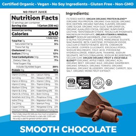 Orgain Organic Nutritional Vegan Protein Shake, Smooth Chocolate - 16g Plant Based Protein, Meal Replacement, 22 Vitamins & Minerals, Fruits & Vegetables, Gluten Free, Non-GMO, 11 Fl Oz (Pack of 4)