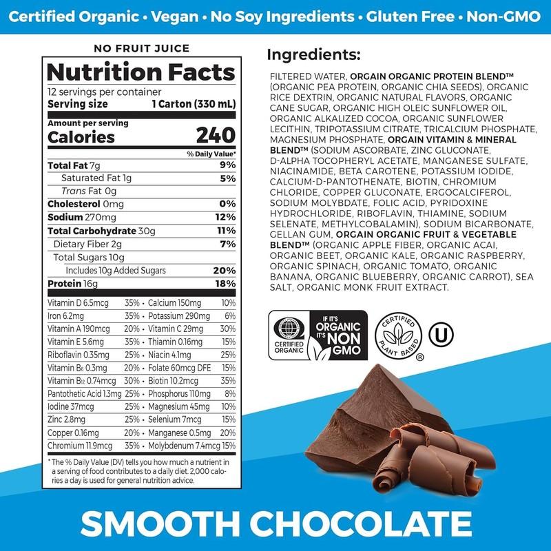 Orgain Organic Nutritional Vegan Protein Shake, Smooth Chocolate - 16g