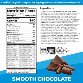 Orgain Organic Nutritional Vegan Protein Shake, Smooth Chocolate - 16g Plant Based Protein, Meal Replacement, 22 Vitamins & Minerals, Fruits & Vegetables, Gluten Free, Non-GMO, 11 Fl Oz (Pack of 4)