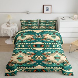 Feelyou Green Southwestern Comforter Set Queen Size Kids Geometric Comforter for Boys Teens Tribal Native American Design Western Decor Bedding Set Stripe Line Duvet Set Room Decor Quilt Set