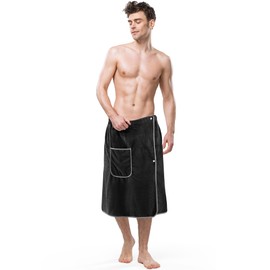 HunnmingRe Sauna Towels for Men Adjustable Quick Drying Bath Towel Wrap for Men Shower After,Gym, Spa, Sauna, 65 x 25 Inches (Black,Coral Fleece)