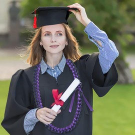 GHGMAO Graduation Lei, Graduation Leis 2025, Graduation Necklace for Class of 2025, 1Pc/2Pcs/6Pcs Braided Ribbon Lei for Graduation Accessories, Grads Parties Decorations (Black,Purple)