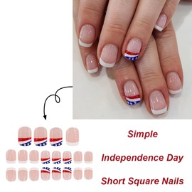 24Pcs White French Tip Press on Nails Short Square Fake Nails American Star Flag Nails Tip Design Independence Day False Nails Glossy Full Cover Patriotic Acrylic Nails 4th of July Artificial Nails