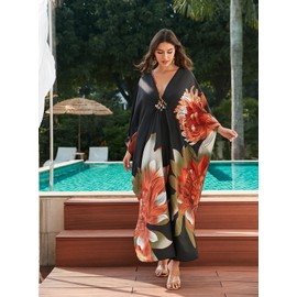 sunforyou Caftans for Women 4XL Black Elegant Moomoo Dresses70s Kaftan Print Colorful Floral Bikini Cover up Lightweight Loungewear(8693-34)