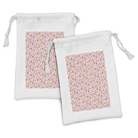 Lunarable Cupcake Fabric Pouch Set of 2, Candies Pastry Cookies and Cakes Hearts Chocolate Strawberry Pattern, Small Drawstring Bag for Toiletries Masks and Favors, 9" x 6", Pale Pink Multicolor