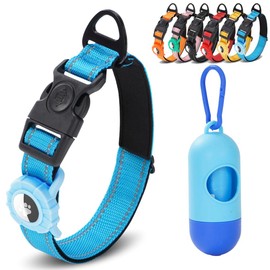 JSXD AirTag Dog Collar, Night Reflective Nylon Dog Collar for Small Medium Large Dogs,Lockable Quick Release Buckle,Padded Breathable Pet Collar with AirTag Holder (Blue, Small)